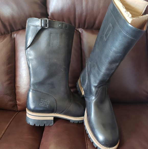 Men Replay Leather Pull Up Biker Boots - Picture 5 of 14